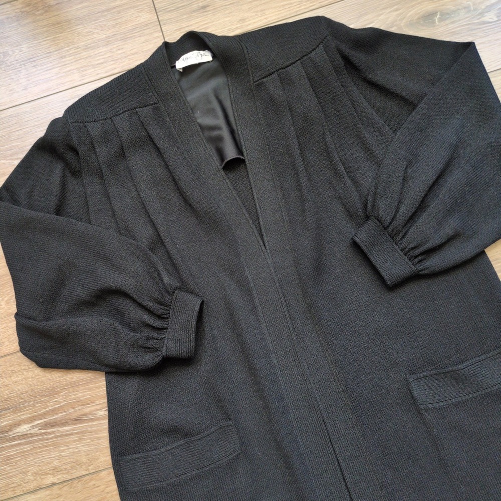 Vtg St. John Marie Gray Cardigan Sweater Black Knit Pleated Puff Sleeve SP